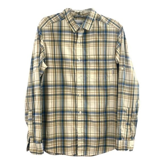 Columbia Blue and‎ Tan Plaid Long Sleeve Shirt Polyester Nylon Blend Mens S - Picture 4 of 10